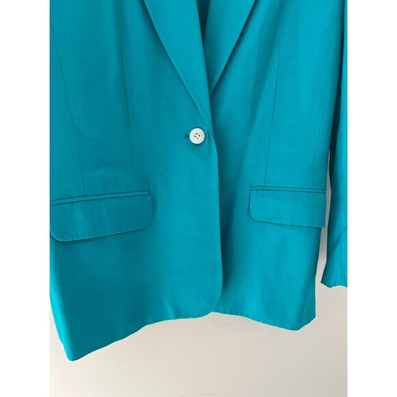 Vintage 1980s David Brooke Teal Rayon & Silk One Button Blazer Size 12 JL - Picture 4 of 10